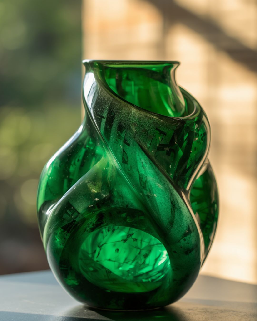 Hand-blown emerald green glass bottle decanter carafe with visible air bubbles throughout and a pontil mark, suitable for use as a vase or decorative piece.