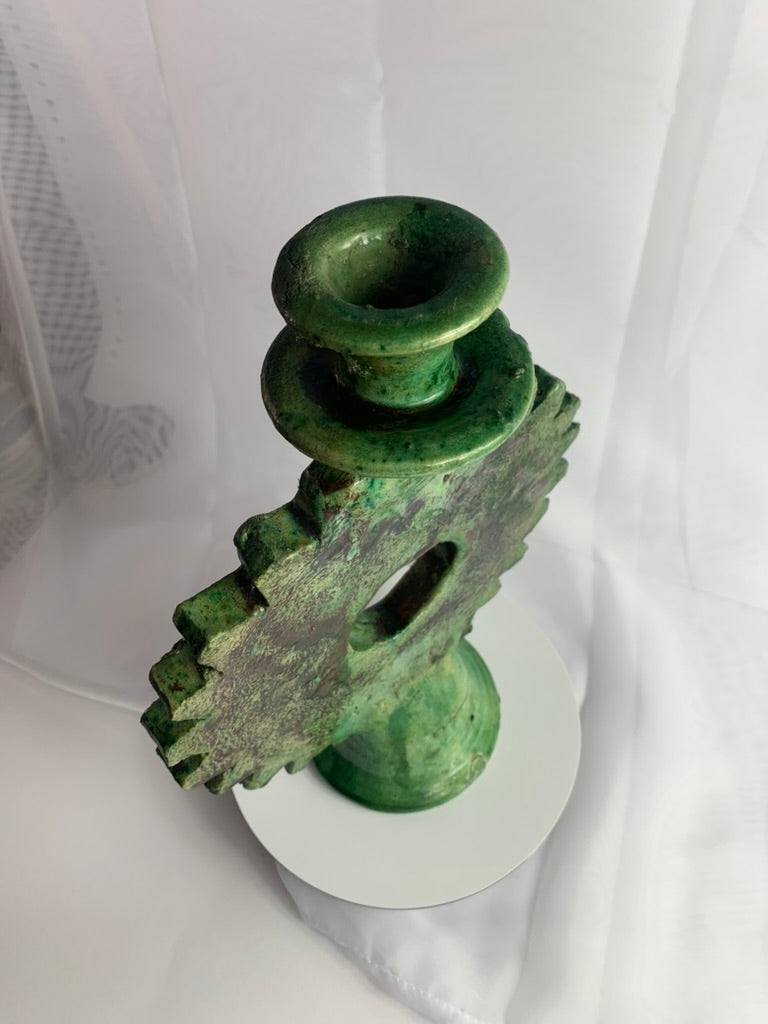 Large Sunburst Tamegroute Candlestick, Green Moroccan Pottery Candle Holder, Handmade Boho Mantel Decor