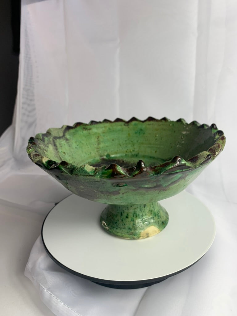Medium Tamegroute Pedestal Fruit Bowl, Handmade Green Moroccan Ceramic Bowl, Boho Kitchen Centrepiece Decor