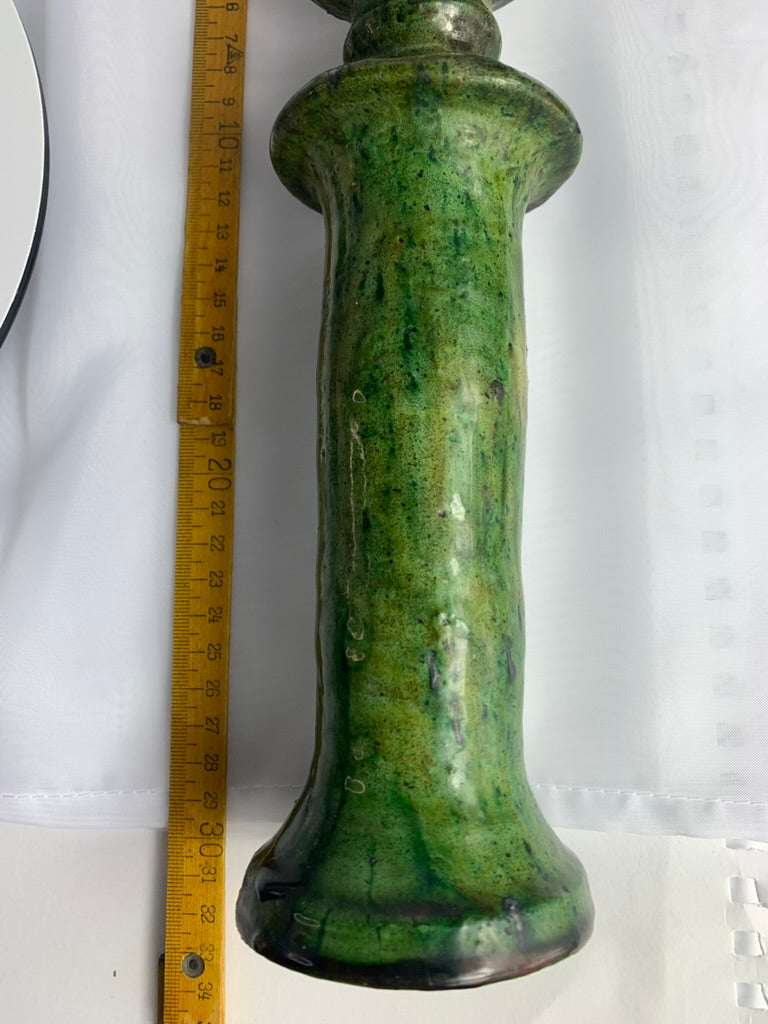 Large Tamegroute Candlestick, Green Moroccan Pottery Column Candle Holder, Handmade Boho Mantel Decor