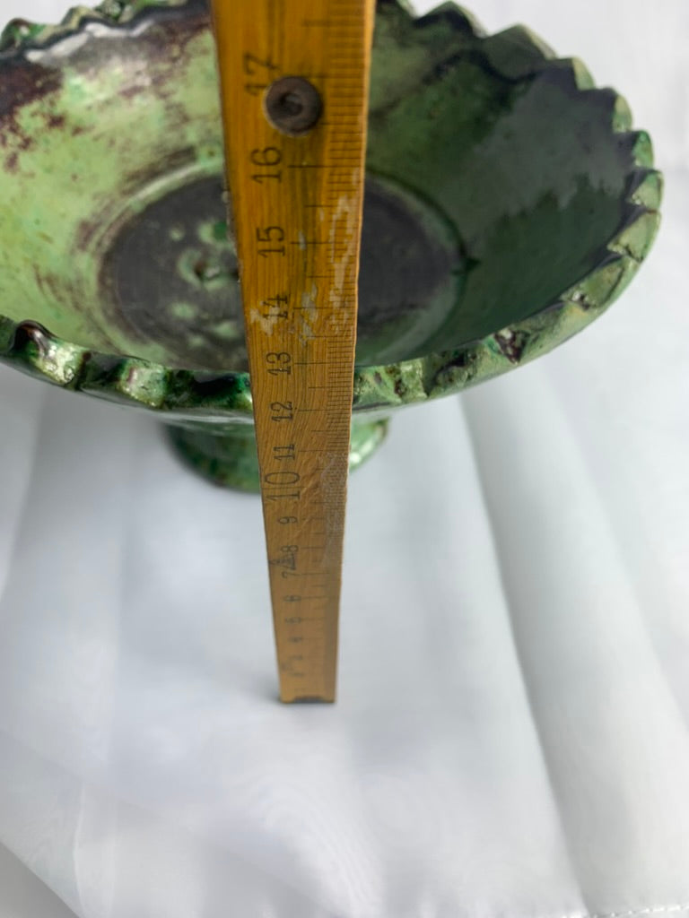 Medium Tamegroute Pedestal Fruit Bowl, Handmade Green Moroccan Ceramic Bowl, Boho Kitchen Centrepiece Decor