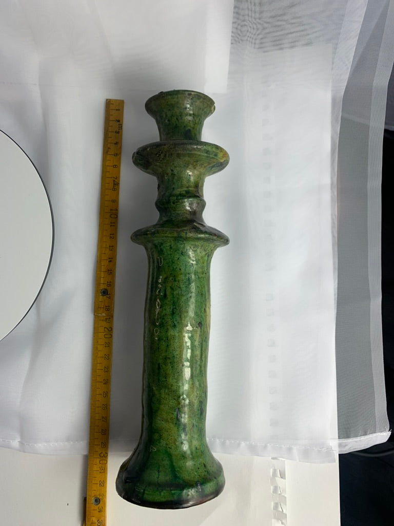 Large Tamegroute Candlestick, Green Moroccan Pottery Column Candle Holder, Handmade Boho Mantel Decor