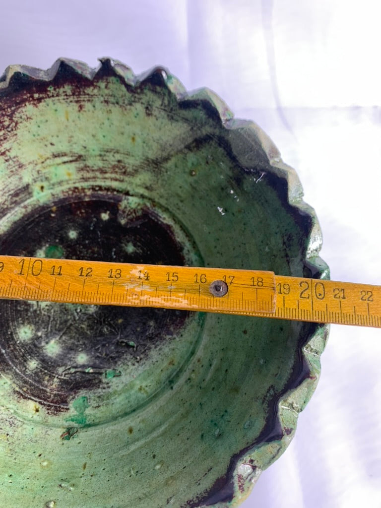 Medium Tamegroute Pedestal Fruit Bowl, Handmade Green Moroccan Ceramic Bowl, Boho Kitchen Centrepiece Decor