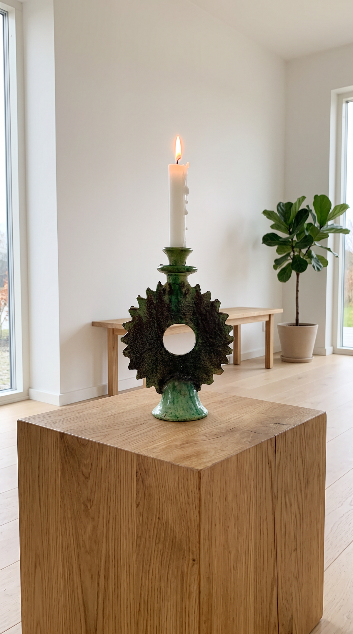 A green glazed ceramic decorative candlestick star burst sun burst design with a with a circular hole in the center, standing on a wooden surface against a  wall with soft shadows.