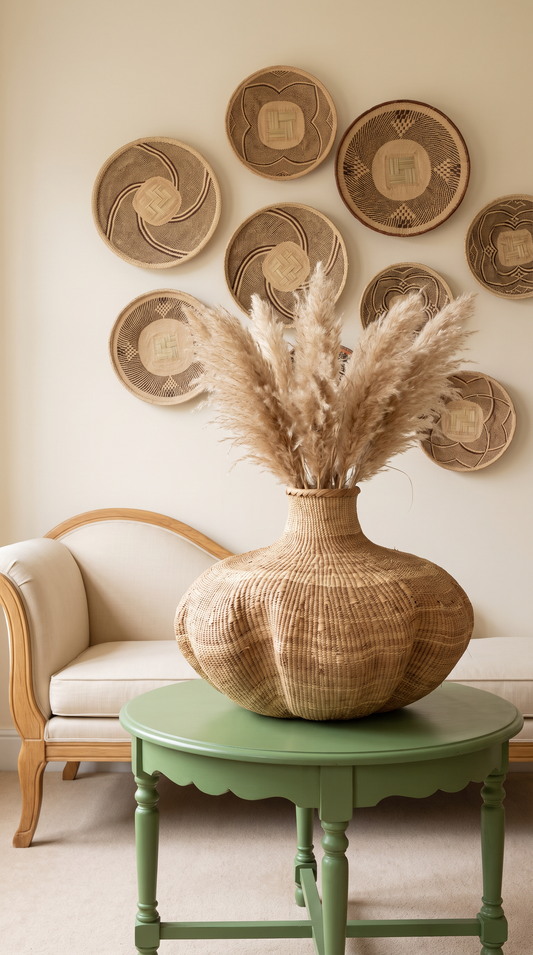 A large woven palm basket vase , shaped like a gourd, filled with pampas grass sits on a green round table in a styled room, with a cream sofa and multiple round woven wall plates on a beige wall behind it.