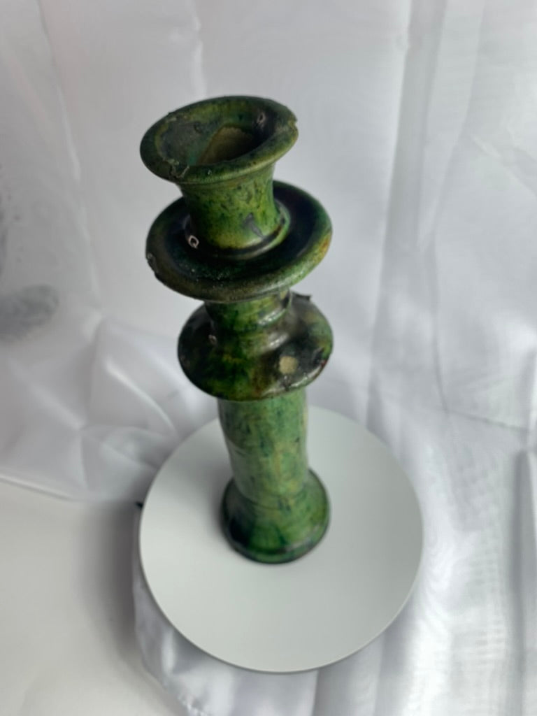 Large Tamegroute Candlestick, Green Moroccan Pottery Column Candle Holder, Handmade Boho Mantel Decor