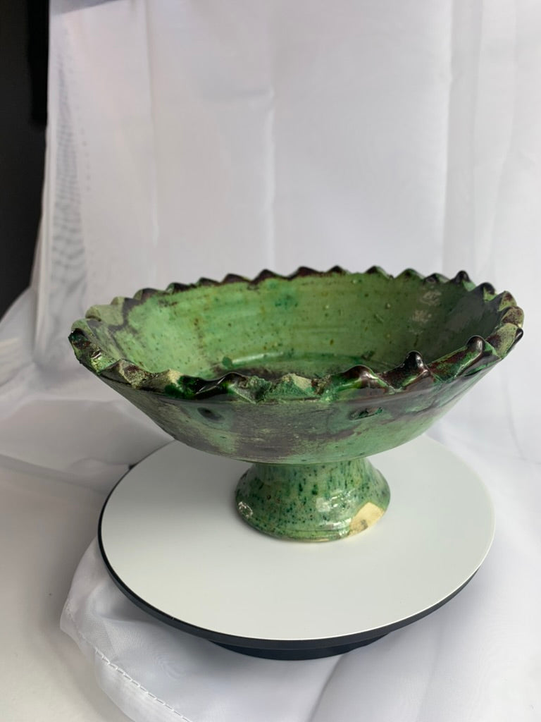 Medium Tamegroute Pedestal Fruit Bowl, Handmade Green Moroccan Ceramic Bowl, Boho Kitchen Centrepiece Decor