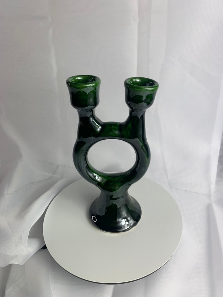 Tamegroute Double Candlestick Holder, Green Moroccan Pottery, Handmade Twin Taper Candle Holder, Boho Mantel Decor