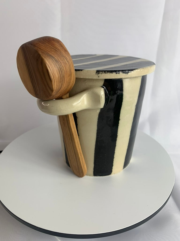 Handmade Ceramic Coffee Canister and Lid with Wooden Scoop Black Stripe