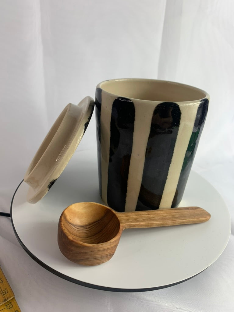 Handmade Ceramic Coffee Canister and Lid with Wooden Scoop Black Stripe