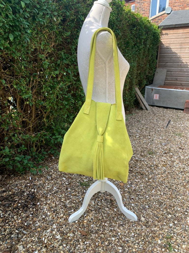 Handmade Yellow Suede Tote Bag with Tassel, Marrakesh Leather Shoulder Bag, Boho Statement Bag with Zip Pouch