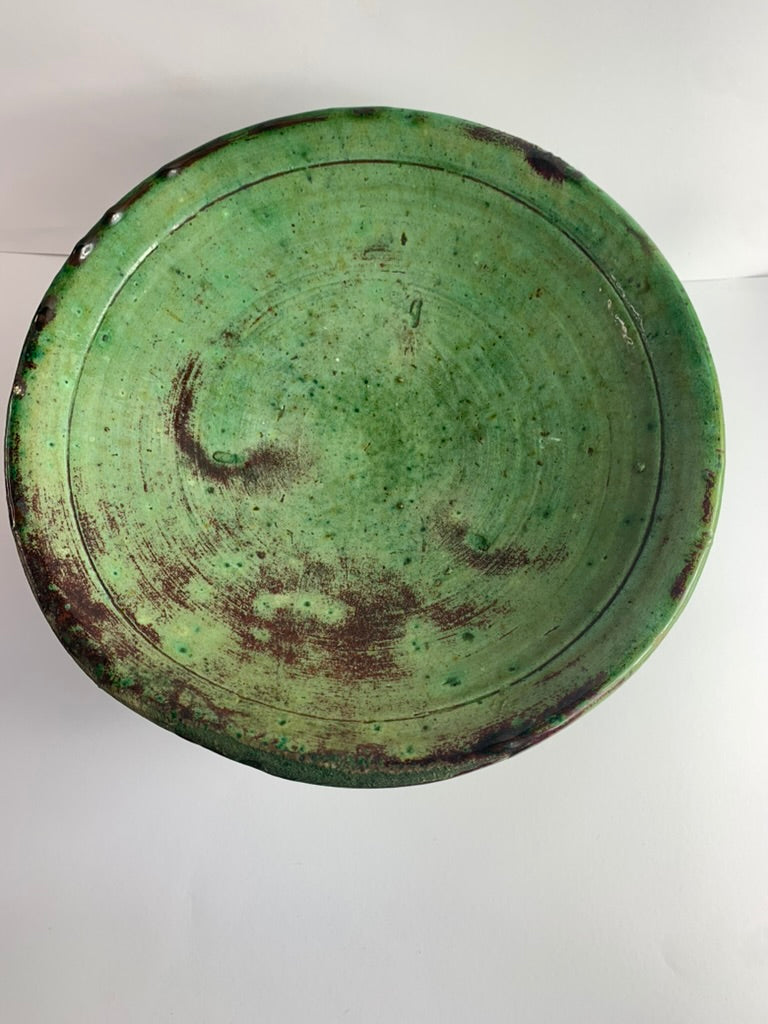 Extra Large Tamegroute Pedestal Plate, Green Moroccan Ceramic Centrepiece, Handmade Serving Platter, Boho Table Decor