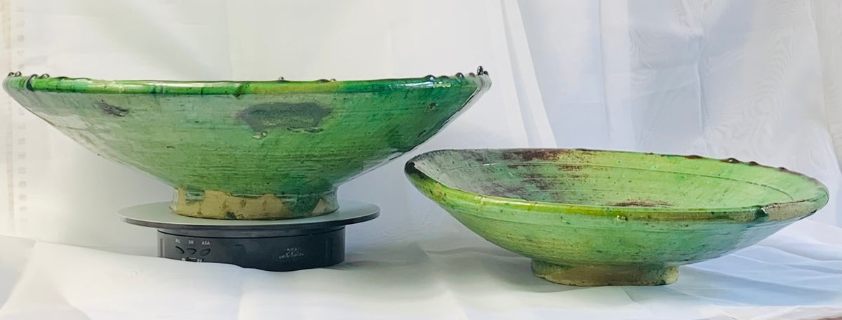 Extra Large Tamegroute Pedestal Plate, Green Moroccan Ceramic Centrepiece, Handmade Serving Platter, Boho Table Decor