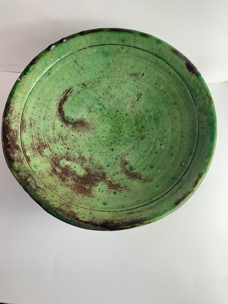 Extra Large Tamegroute Pedestal Plate, Green Moroccan Ceramic Centrepiece, Handmade Serving Platter, Boho Table Decor