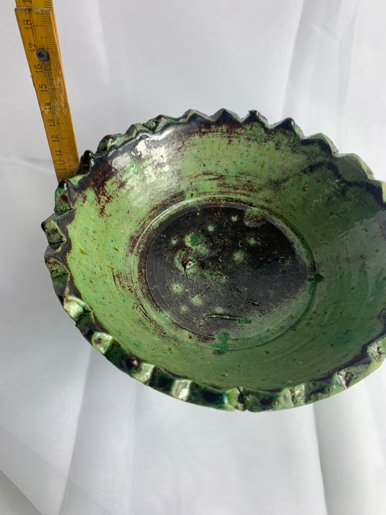 Medium Tamegroute Pedestal Fruit Bowl, Handmade Green Moroccan Ceramic Bowl, Boho Kitchen Centrepiece Decor