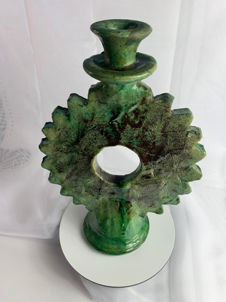 Large Sunburst Tamegroute Candlestick, Green Moroccan Pottery Candle Holder, Handmade Boho Mantel Decor