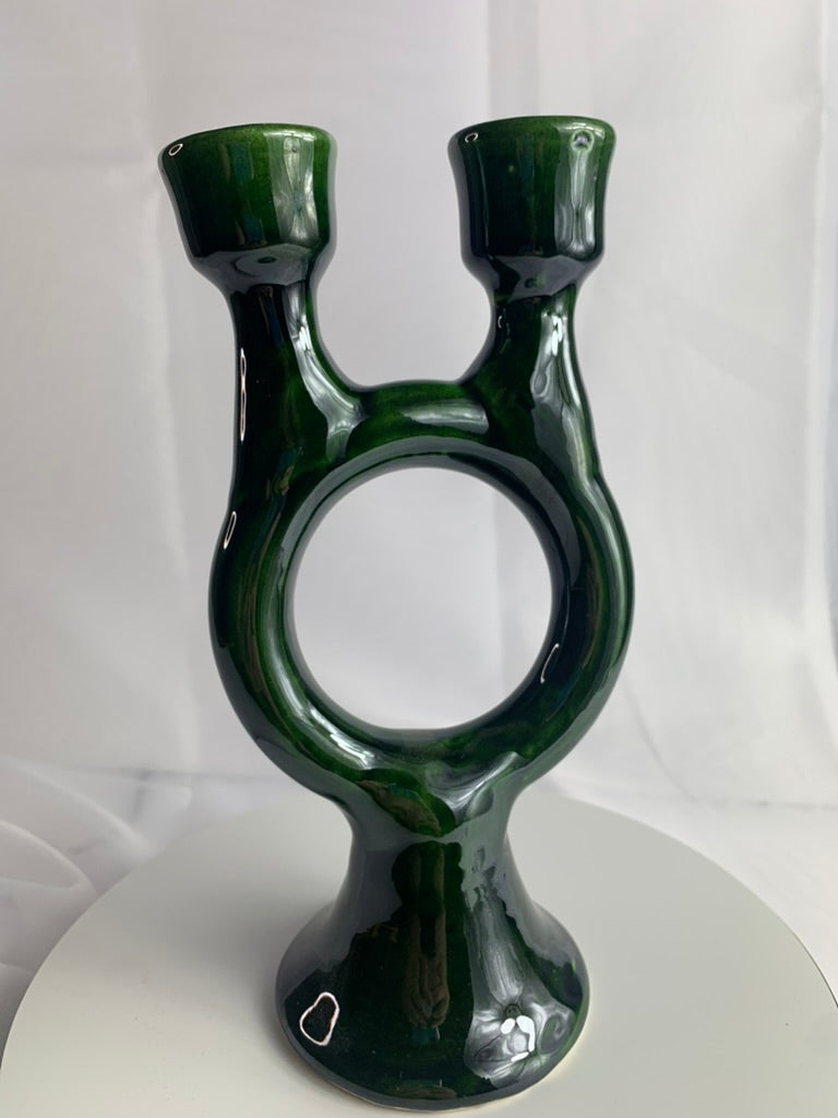 Tamegroute Double Candlestick Holder, Green Moroccan Pottery, Handmade Twin Taper Candle Holder, Boho Mantel Decor