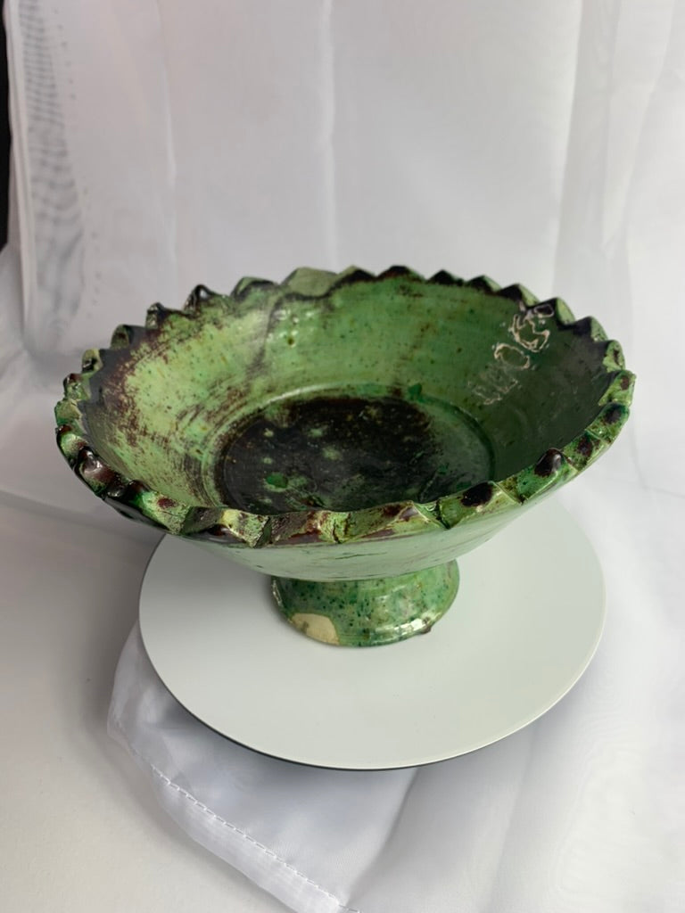 Medium Tamegroute Pedestal Fruit Bowl, Handmade Green Moroccan Ceramic Bowl, Boho Kitchen Centrepiece Decor