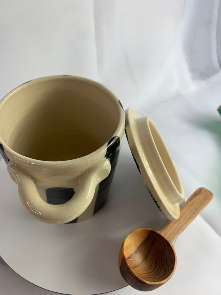 Handmade Ceramic Coffee Canister and Lid with Wooden Scoop Black Stripe