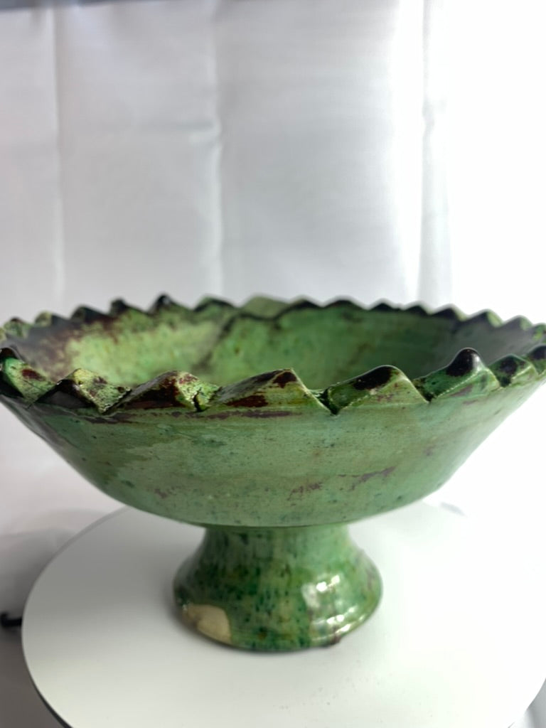 Medium Tamegroute Pedestal Fruit Bowl, Handmade Green Moroccan Ceramic Bowl, Boho Kitchen Centrepiece Decor