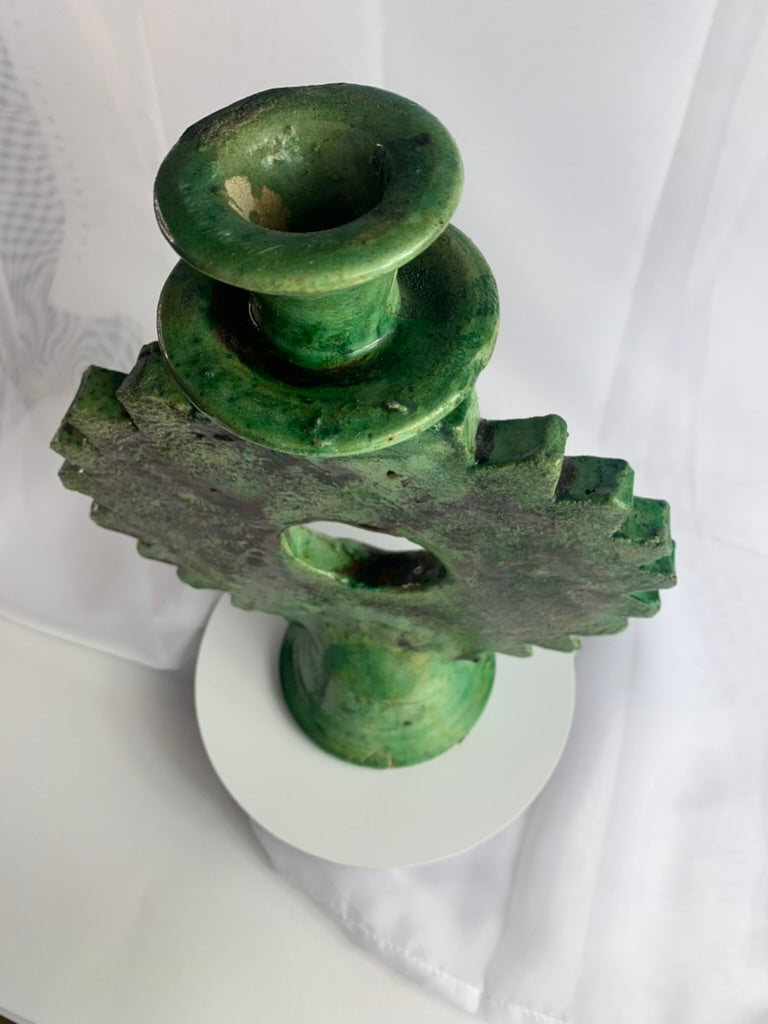 Large Sunburst Tamegroute Candlestick, Green Moroccan Pottery Candle Holder, Handmade Boho Mantel Decor