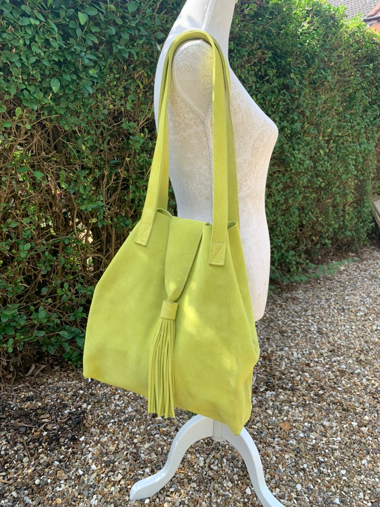 Handmade Yellow Suede Tote Bag with Tassel, Marrakesh Leather Shoulder Bag, Boho Statement Bag with Zip Pouch