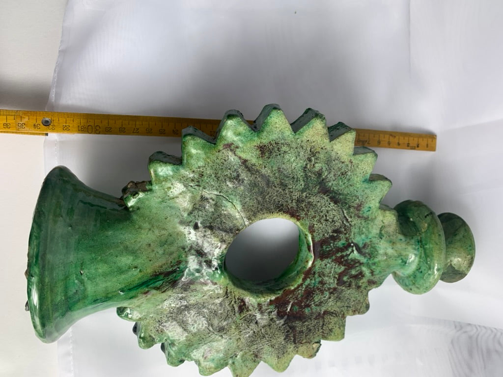Large Sunburst Tamegroute Candlestick, Green Moroccan Pottery Candle Holder, Handmade Boho Mantel Decor