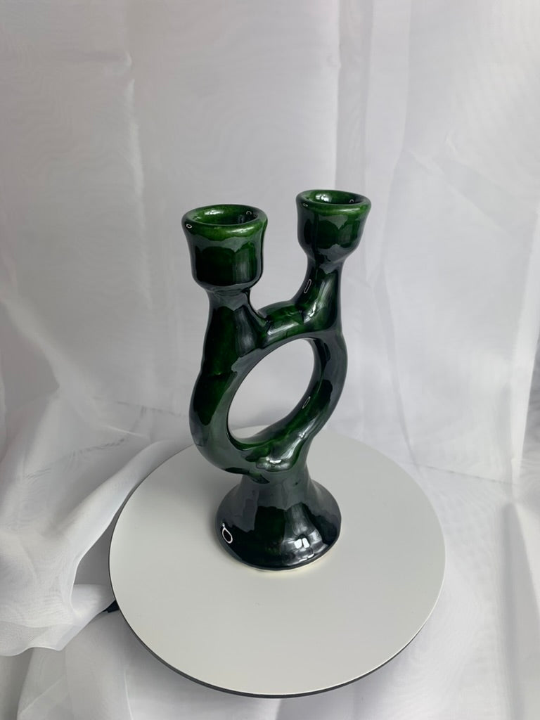 Tamegroute Double Candlestick Holder, Green Moroccan Pottery, Handmade Twin Taper Candle Holder, Boho Mantel Decor