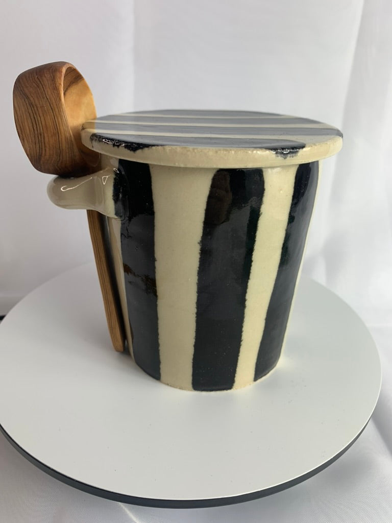 Handmade Ceramic Coffee Canister and Lid with Wooden Scoop Black Stripe