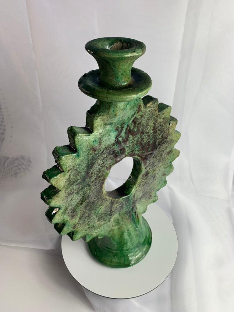 Large Sunburst Tamegroute Candlestick, Green Moroccan Pottery Candle Holder, Handmade Boho Mantel Decor