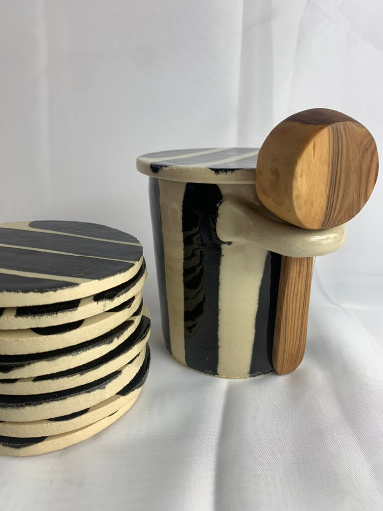 Handmade Ceramic Coffee Canister and Lid with Wooden Scoop Black Stripe
