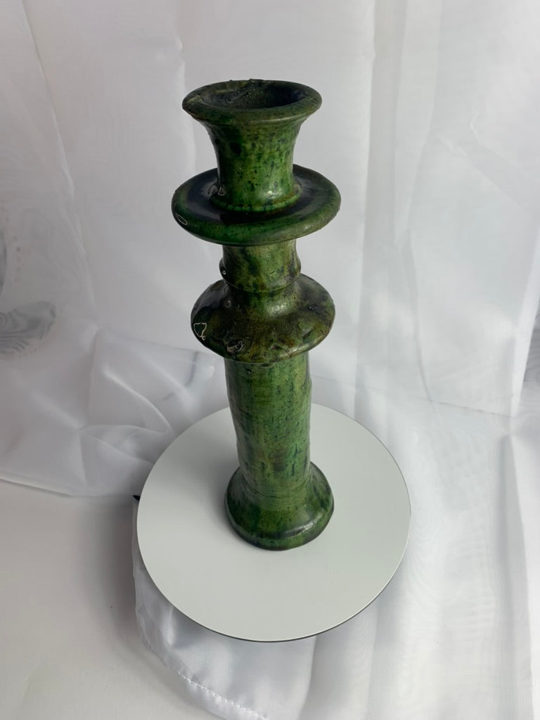 Large Tamegroute Candlestick, Green Moroccan Pottery Column Candle Holder, Handmade Boho Mantel Decor