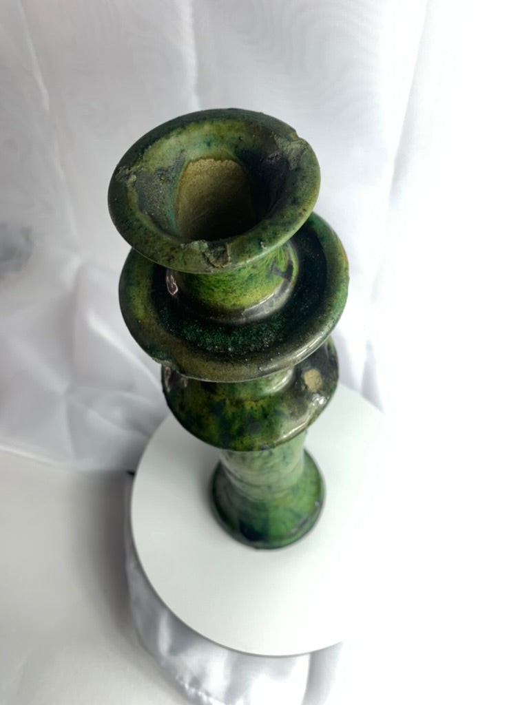 Large Tamegroute Candlestick, Green Moroccan Pottery Column Candle Holder, Handmade Boho Mantel Decor