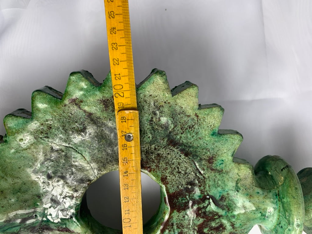 Large Sunburst Tamegroute Candlestick, Green Moroccan Pottery Candle Holder, Handmade Boho Mantel Decor