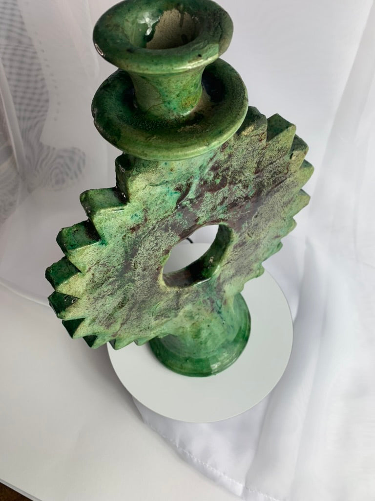 Large Sunburst Tamegroute Candlestick, Green Moroccan Pottery Candle Holder, Handmade Boho Mantel Decor