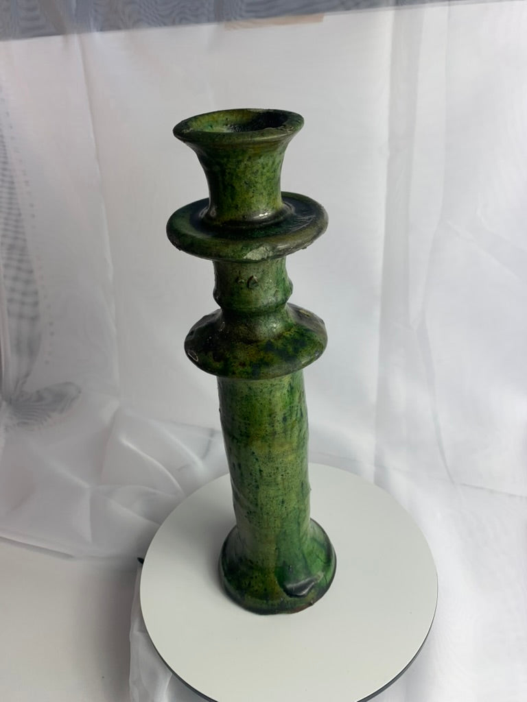 Large Tamegroute Candlestick, Green Moroccan Pottery Column Candle Holder, Handmade Boho Mantel Decor