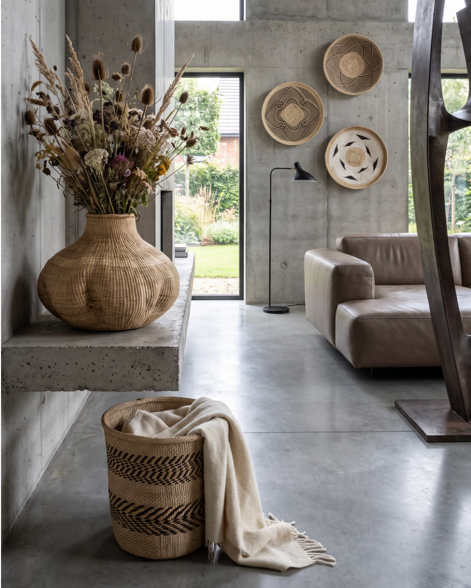 A styled interior scene with a woven palm basket vase holding dried flowers on a concrete shelf