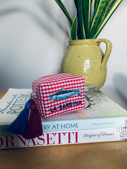 La Sardina red gingham zip pouch/purse with embroidered sardine motif and dual tassels — small size