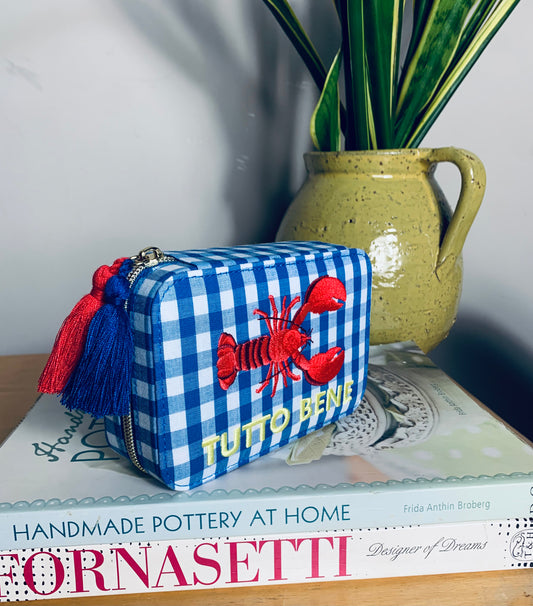 Blue gingham zip pouch/makeup bag with embroidered red lobster, and red & blue tassels