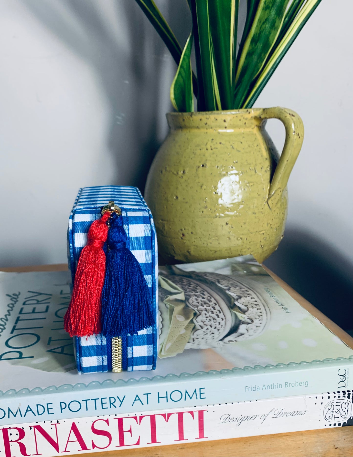 Blue gingham zip pouch/makeup bag with embroidered red lobster, and red & blue tassels