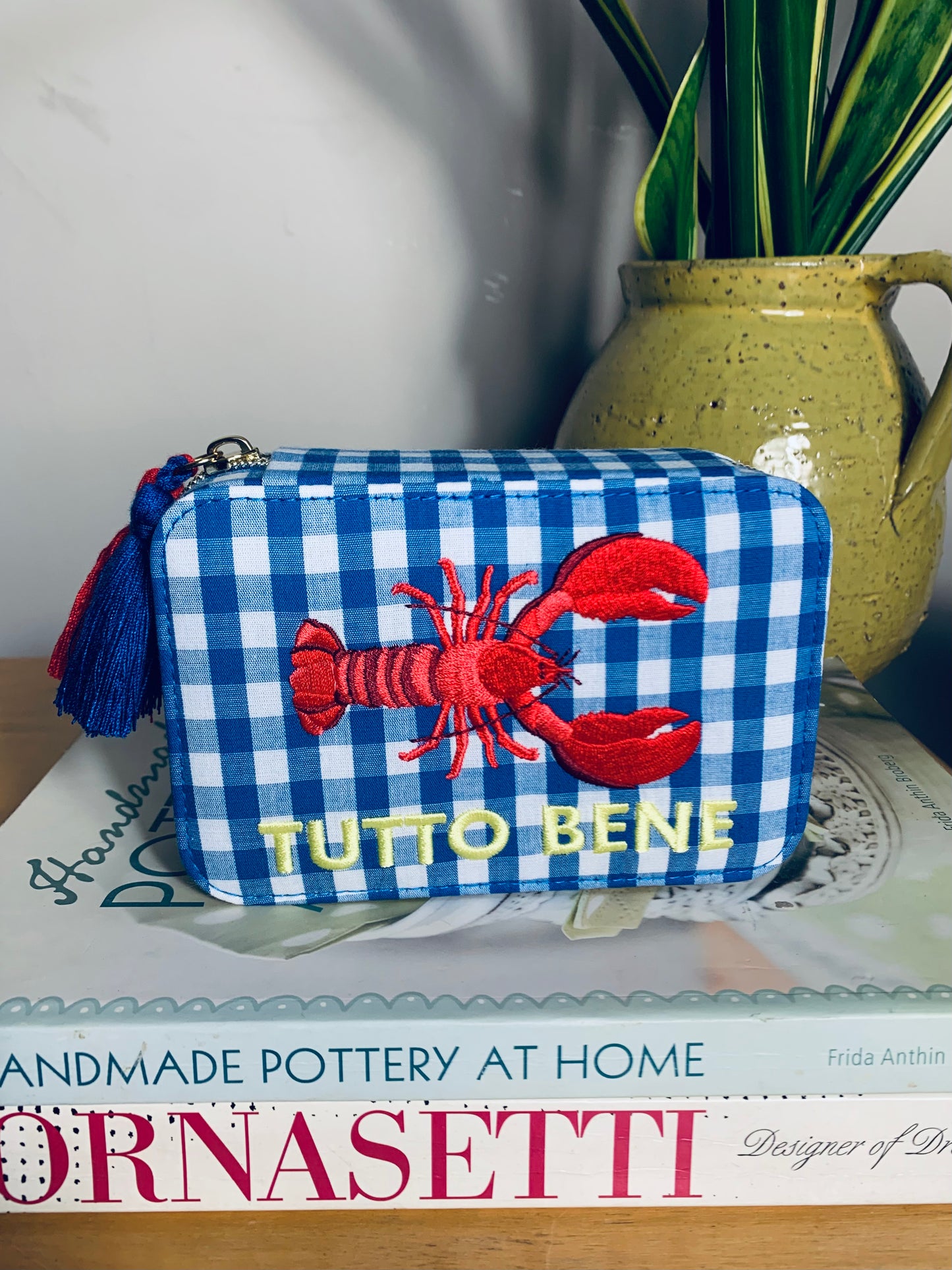 Blue gingham zip pouch/makeup bag with embroidered red lobster, and red & blue tassels