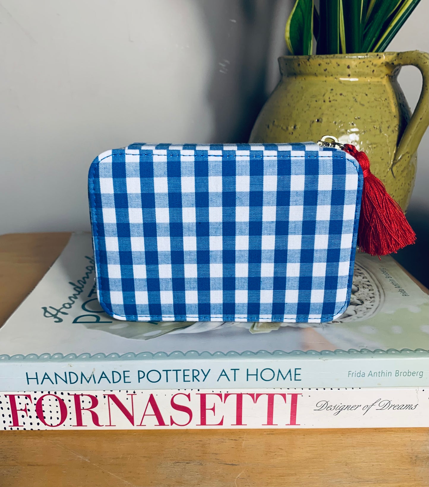 Blue gingham zip pouch/makeup bag with embroidered red lobster, and red & blue tassels