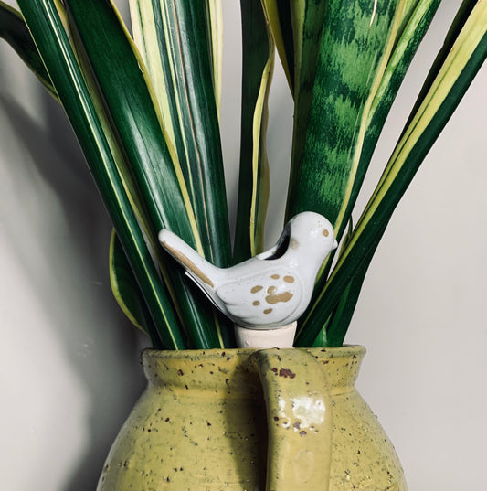 Ceramic bird plant spike / soil stake, small white glazed bird figurine designed to perch in plant pots