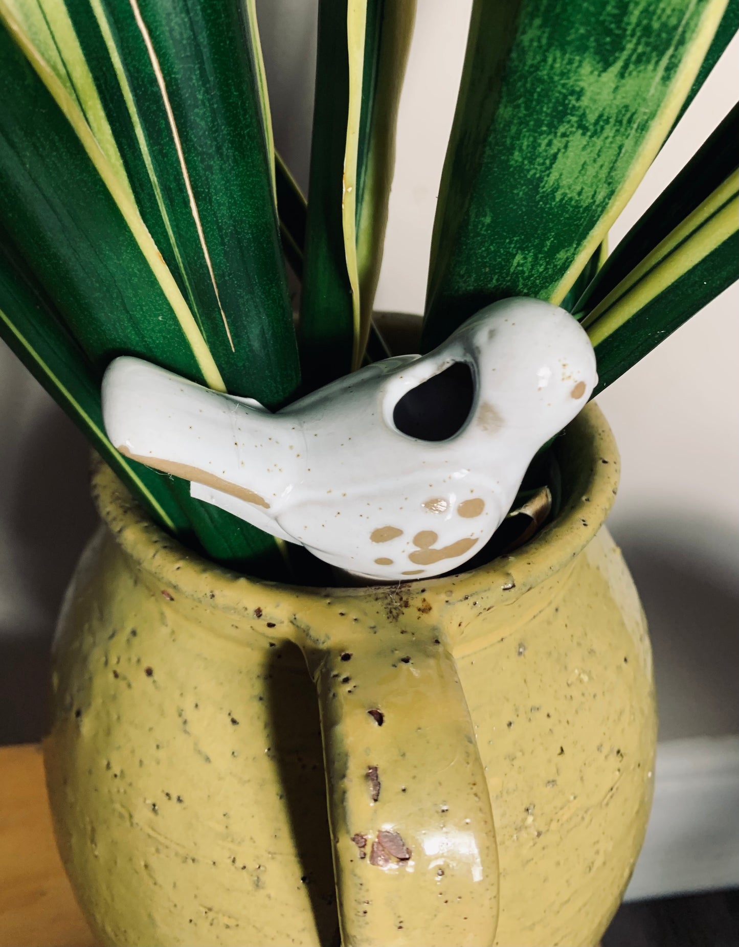 Ceramic bird plant spike / soil stake, small white glazed bird figurine designed to perch in plant pots