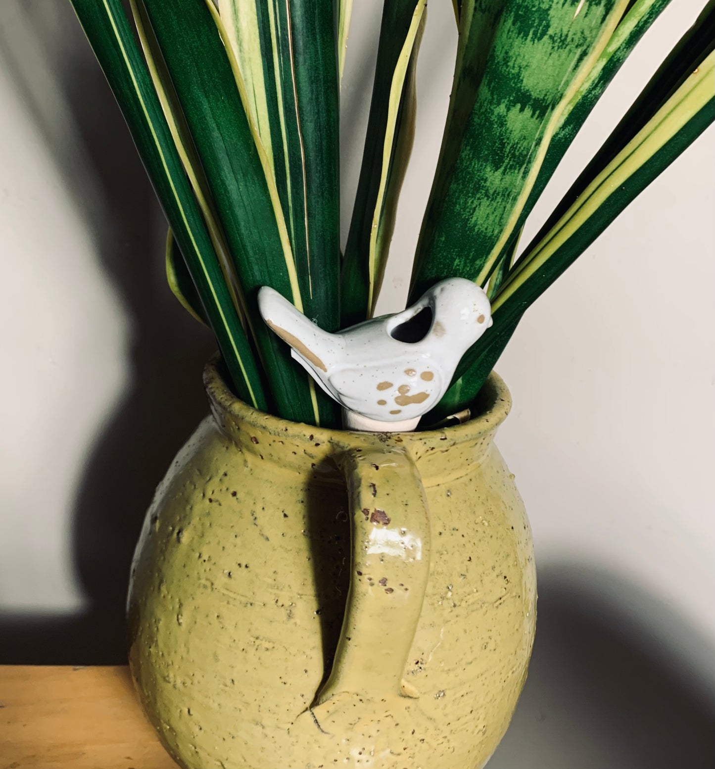 Ceramic bird plant spike / soil stake, small white glazed bird figurine designed to perch in plant pots