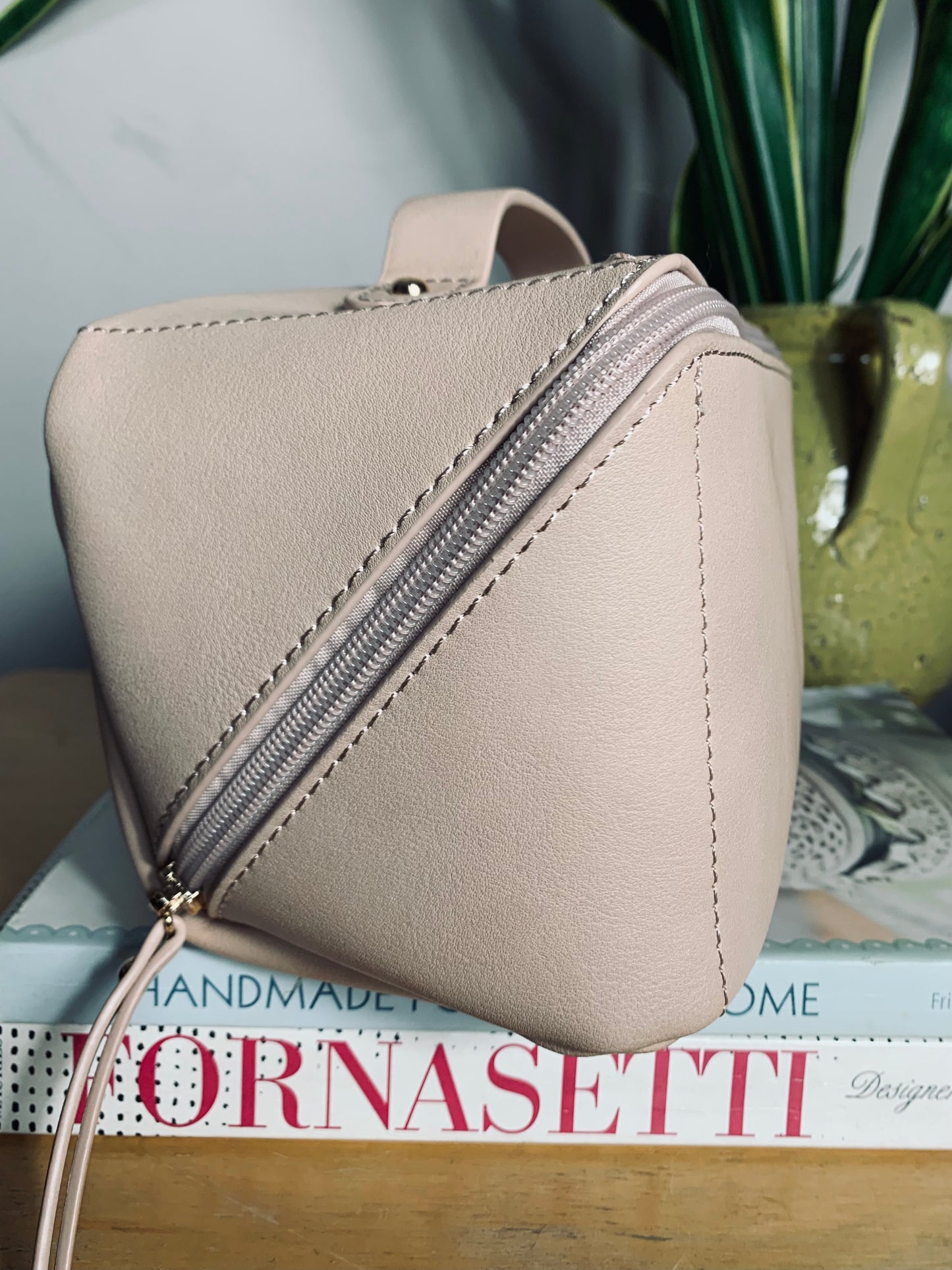Rectangular Diagonal blush pink faux leather makeup/vanity case bag with zip and top handle