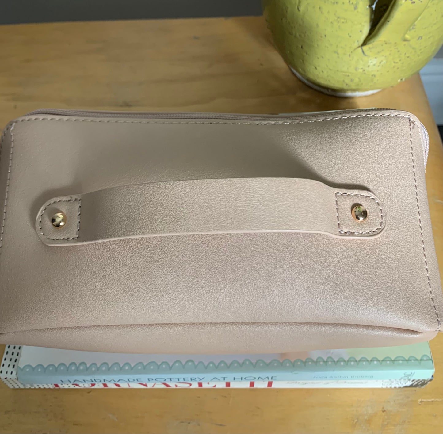 Rectangular Diagonal blush pink faux leather makeup/vanity case bag with zip and top handle