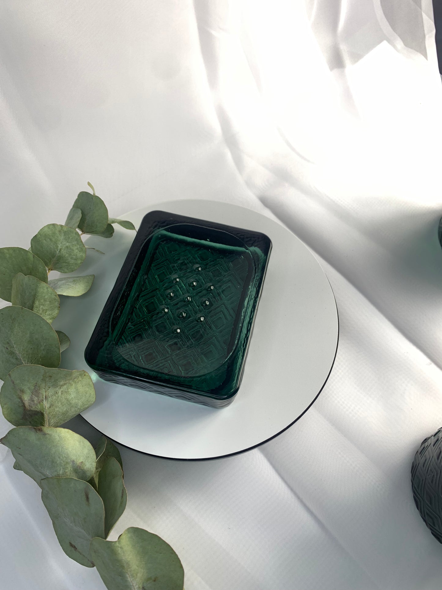 3-piece dark teal embossed recycled glass bathroom set with soap dispenser, tumbler, and soap dish