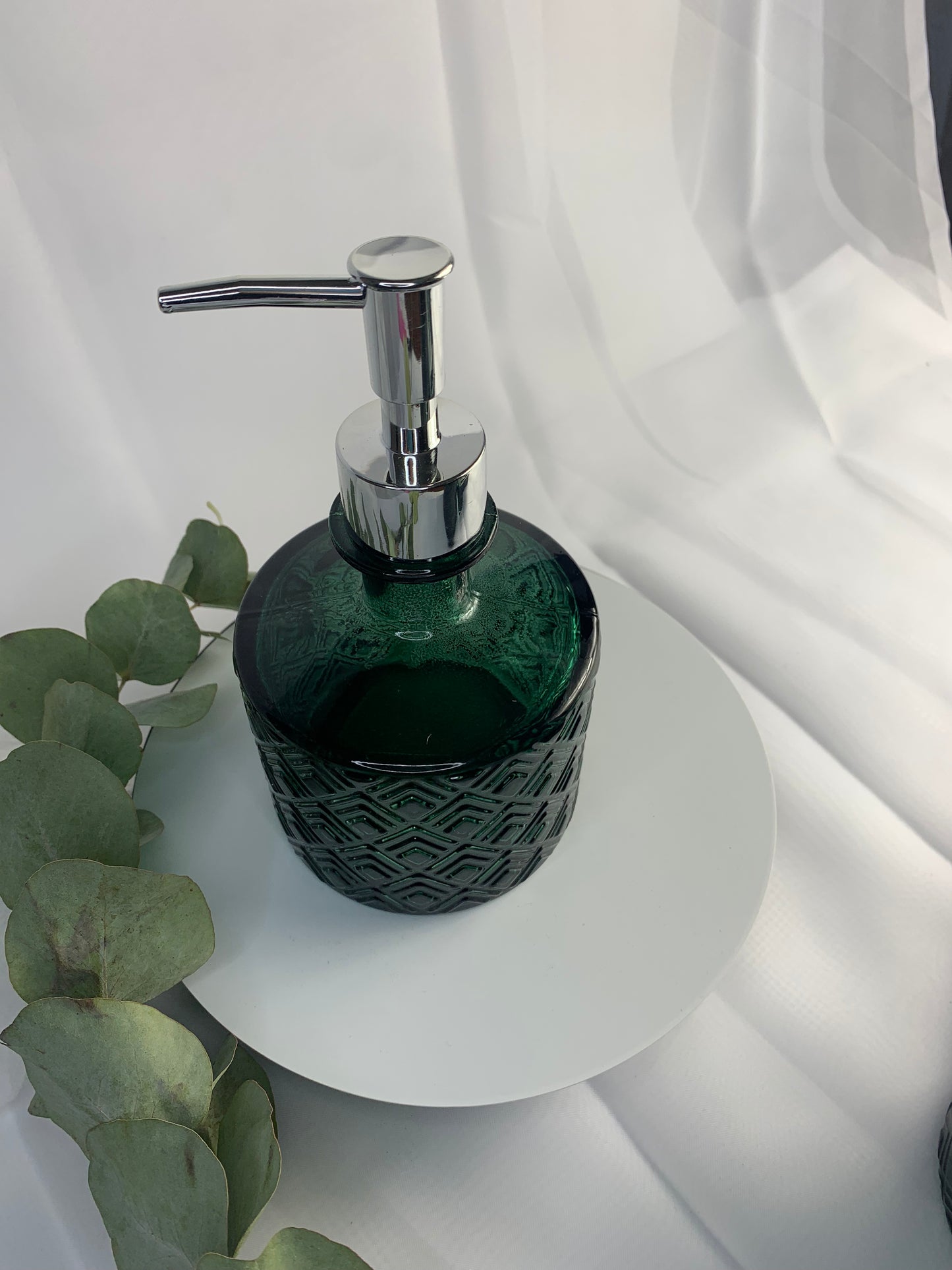 3-piece dark teal embossed recycled glass bathroom set with soap dispenser, tumbler, and soap dish
