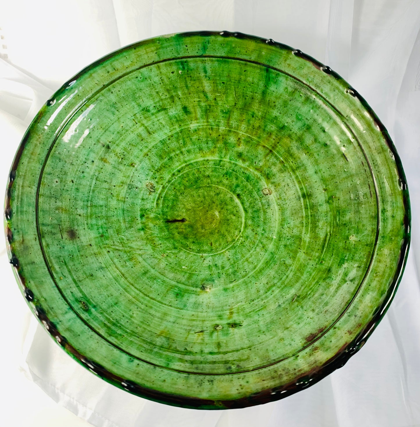 Extra Large Tamegroute Pedestal Plate, Green Moroccan Ceramic Centrepiece, Handmade Serving Platter, Boho Table Decor